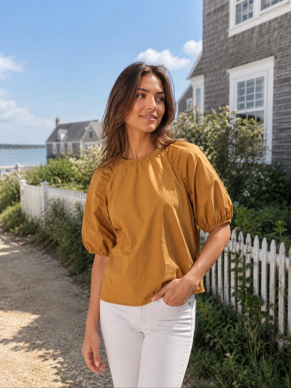 Madewell gathered balloon sleeve mustard cotton shirt